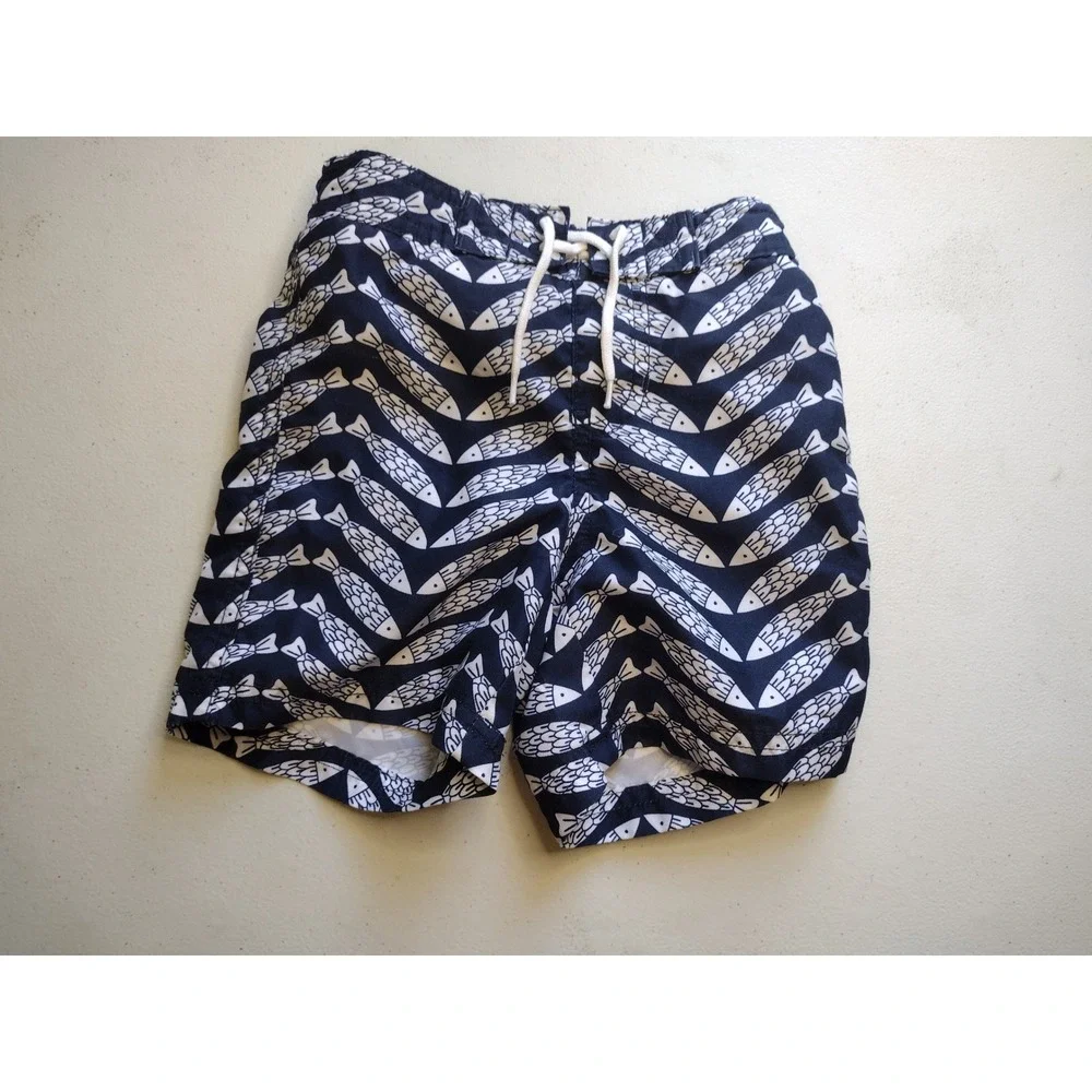 Janie and Jack Boys Navy White Fish Print Swim Trunks Mesh Lined 12-18 Months